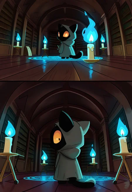 masterpiece, best quality, perfect anatomy, very aesthetic, ozoneserpent, cat, black fur, grey robe, hood, no mouth, orange sclera, music stand, scroll, magic circle, panicking, tremor, candle, blue fire, library, dark, from behind, looking back, scenery