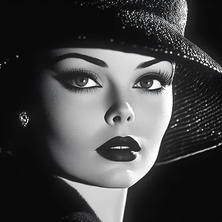 ArsMovieStill, 50s Noir Movie Still, The image is a black and white portrait of a woman's face. She is wearing a large wide-brimmed hat that covers her head and extends to her forehead. The hat is black and appears to be made of a shiny material possibly fabric or a similar material. The woman's eyes are closed and her expression is peaceful and serene. She has long dark eyelashes and her lips are painted with a bold dark lipstick. The background is completely dark making the woman the focal point of the image. The lighting is dramatic highlighting her features and emphasizing her features.