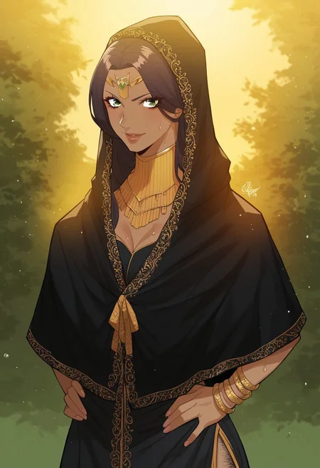 detailed face, detailed eyes, high resolution, intricate design, sharp edges, smooth, high detailed, god level, good proportions, detailed fingers, hairymorph, hairy arms, hairy legs, hairy thighs, hairy armpits
...
(Asana Sara, 1girl, Huge breasts, dark-skinned female, green eyes, long hair, backless dress, hood up, cloak, circlet, jewelry, bracelet,)
...
looking at viewer, standing, front view, close up, thighs up, wet, sweat, portrait, upper body, hands on waist
...
score_10, score_9, score_8, 1girl, solo, alone, beatifull smile, expressive eyes
...
outdoors
