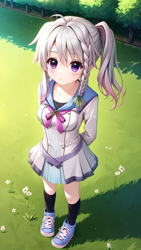 zPDXL2, rating_questionable, source_anime, 4k quality, detailed background, detailed eyes, park, grass, sunny, from above, looking up, hands behind back, parted lips, <lora:niimi-sora-xl-07:1>, niimi sora, ahoge, medium breasts, sorairo school uniform, black kneehighs, blue sneakers