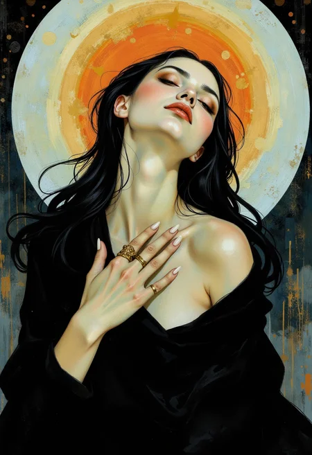 A digital illustration featuring a surreal, dreamlike quality, featuring a woman with an ethereal, almost ghostly appearance. She has long, dark hair that cascades down her back, and her skin has a translucent, almost glowing quality, with a soft gradient of warm, golden hues. The woman's face is turned slightly to the left, and her expression is serene and contemplative, with closed eyes and a subtle, almost imperceptible smile.

The woman is dressed in a dark, flowing garment that contrasts with her light skin, creating a stark visual contrast. She holds her hands in front of her chest, with one hand gently cradling her hair, and the other adorned with several gold rings, which add a touch of elegance and mystique to the scene.

The background is a complex mix of textures and colors, with a circular halo-like shape at the top of the image, which is painted in a gradient of warm oranges and blues, suggesting a celestial or spiritual presence. Below this, the background shifts to a darker, almost black hue, with subtle patterns and textures that add depth and richness to the composition. The overall style is a blend of realism and surrealism, with a focus on soft, muted colors and a dreamy, otherworldly atmosphere