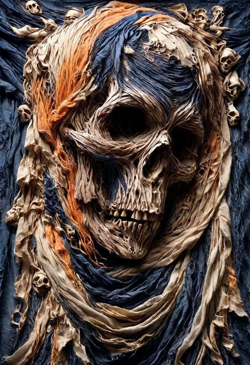 RAW closeup photo, skull, macro shot,( dark blue, orange, gold,  embroidery scarf), masterpiece, colorful details, gold threads embroideries, award winning, high detailed, 8k, natural lighting, analog film, amazing composition, intricate details, subsurface scattering, vellus gold hairs, amazing textures, soft light