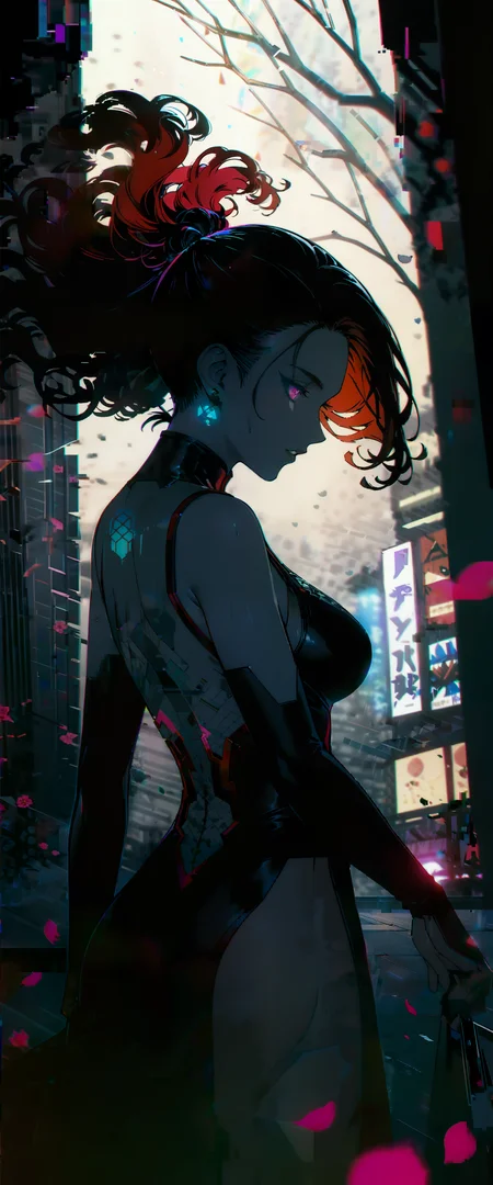 masterpiece, best quality, amazing quality, high quality, ultra high res, very aesthetic, absurdres, wallpaper, 32K, UHD,
break
cyberpunk, cyberpunk 2077 style, futuristic, fractal art, Ukiyo-e art styles, woodcuts style, by Uemura Shoen and Yoshiyuki Amano, minimalist and modern, sleek and impactful, high-concept and stylish,
break
1girl, solo, from behind, standing, beautiful detailed face,Adaptive nano-fiber suits, Vixen, Tall, Thin, Round Face, Dark Skin, Gray Hair, coral Eyes, Narrow Nose, Thin Lips, Round Chin, Long Hair, Straight Hair, Sleek Bun, asymmetrical breasts, Drop earrings, golden, matte lipstick, Frozen tundra with icy mountains, relaxed pose, close up, perfect composition,
break
dark scenery, (geometry city background, cyber engraving, luster, deep glow effect, glitch foreground, disintegration effect:1.3), storm, wind, rain, mist, waterfall, flowers, plum blossoms, floral, birds, cherry petals flying in the air, leaf, plant, moon, moonlight, wind effects,
break
blurry foreground, blurry background, cinematic lighting, Volumetric lighting, gradient, monochrome, artistic filter, long exposure, cinematic, LUT, highly detailed, extremely detailed, intricate details, fine texture, crisp detail, crisp edges, detailed beautiful color, line art, high contrast, subtle shadows, complex shading, chromatic aberration, iridescent, HDR, depth of field, lens flare, bokeh, <lora:3DCyberpunkStyle_Hap_XL:1.5>,  <lora:add-detail-xl:1.5>, <lora:KHsty-XL-v3-AN:0.5>,