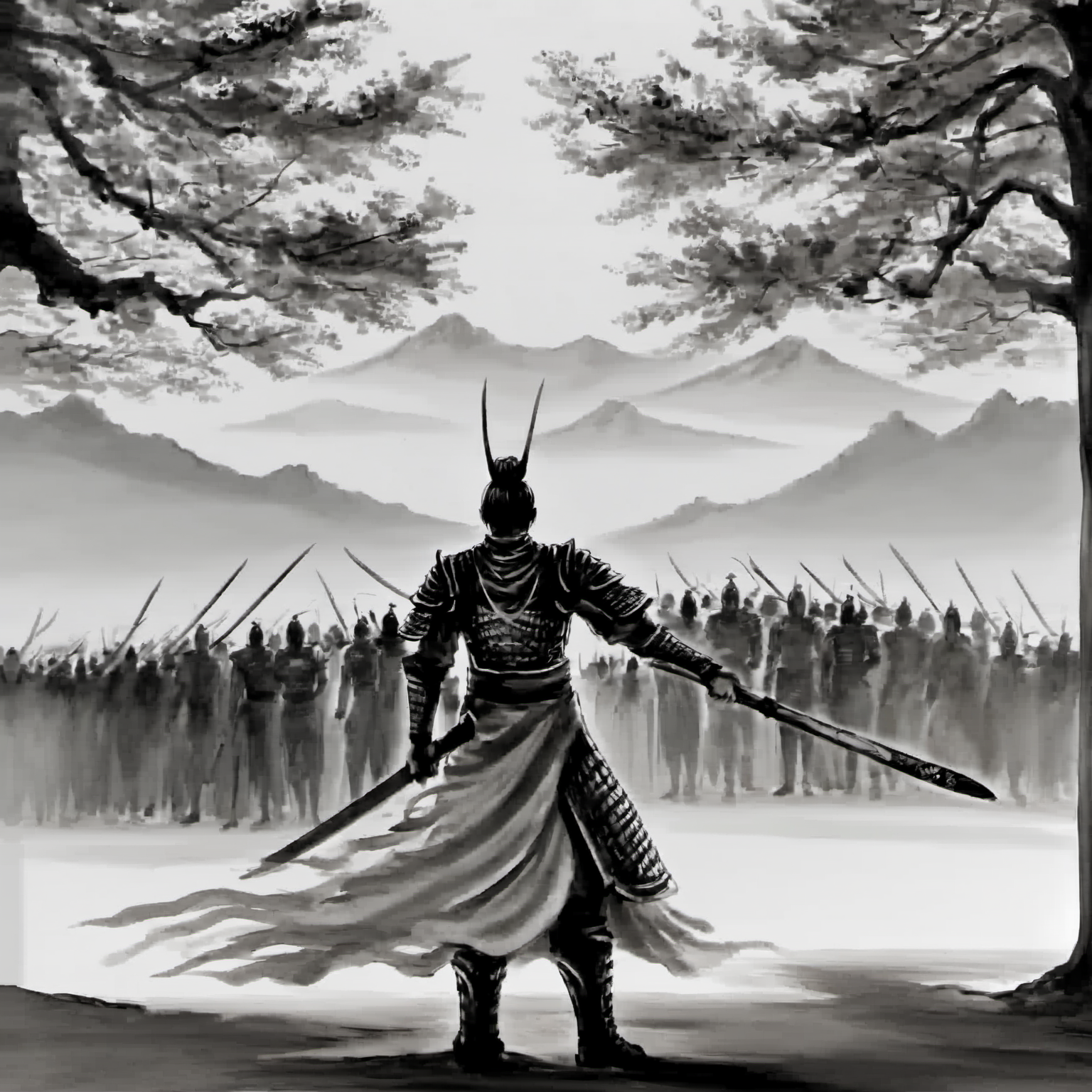 <lora:ink_xiakexing_xl_v1:0.8>,tree,mountains,
ink painting,a man in a long dress holding a sword in his hand and a crowd of people in the background,1boy,holding,standing,monochrome,weapon,greyscale,boots,sword,holding weapon,armor,holding sword,helmet,shoulder armor,1other,full armor,ambiguous gender,solo,male focus,polearm,japanese armor,