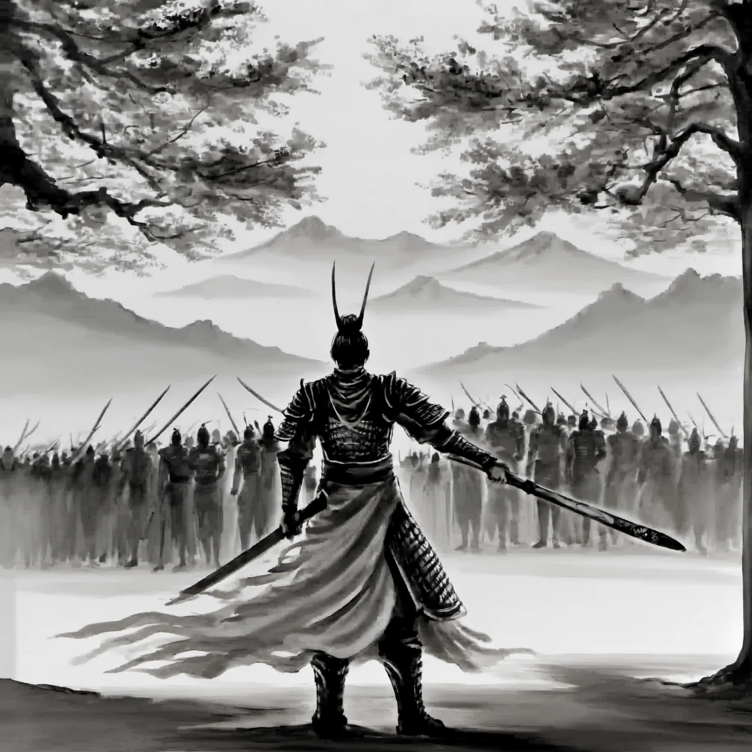 <lora:ink_xiakexing_xl_v1:0.8>,tree,mountains,
ink painting,a man in a long dress holding a sword in his hand and a crowd of people in the background,1boy,holding,standing,monochrome,weapon,greyscale,boots,sword,holding weapon,armor,holding sword,helmet,shoulder armor,1other,full armor,ambiguous gender,solo,male focus,polearm,japanese armor,