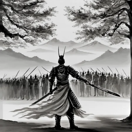 <lora:ink_xiakexing_xl_v1:0.8>,tree,mountains,
ink painting,a man in a long dress holding a sword in his hand and a crowd of people in the background,1boy,holding,standing,monochrome,weapon,greyscale,boots,sword,holding weapon,armor,holding sword,helmet,shoulder armor,1other,full armor,ambiguous gender,solo,male focus,polearm,japanese armor,