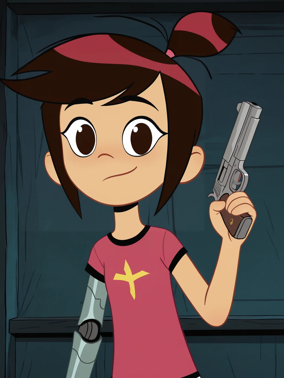 <lora:Molly_McGeeIL:0.8> 1girl, m_m, almond-shaped dark brown eyes, straight dark brown hair, small high ponytail,pink hair tie, 
looking at viewer, cyberpunk, augmentations, prosthetic, metal arm,difficult background, pistol in hand, at night, dynamic pose,