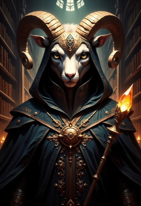 A captivating digital painting of an anthropomorphic ram character, presented in a photorealistic style. The character has a humanoid body and the face of a proud ram, with curling, weathered horns adorned with carved runic symbols that glow faintly. Its wool, textured with stunning intricacy, has a soft, ethereal glow, contrasting with the sharp lines of its stern gaze and moss-green eyes that dominate the composition. The ram stands upright, cloaked in a long, hooded robe of dark velvet, embroidered with golden geometric patterns reminiscent of ancient arcane sigils.
The background reveals a richly detailed medieval library with towering bookshelves, their tomes spilling faint magical light. A glowing staff rests in the ram’s hand, its crystalline tip shimmering with an otherworldly glow. The painting’s style emphasizes meticulous texture, blending mystical ambiance with the timeless elegance of a medieval scholar.
