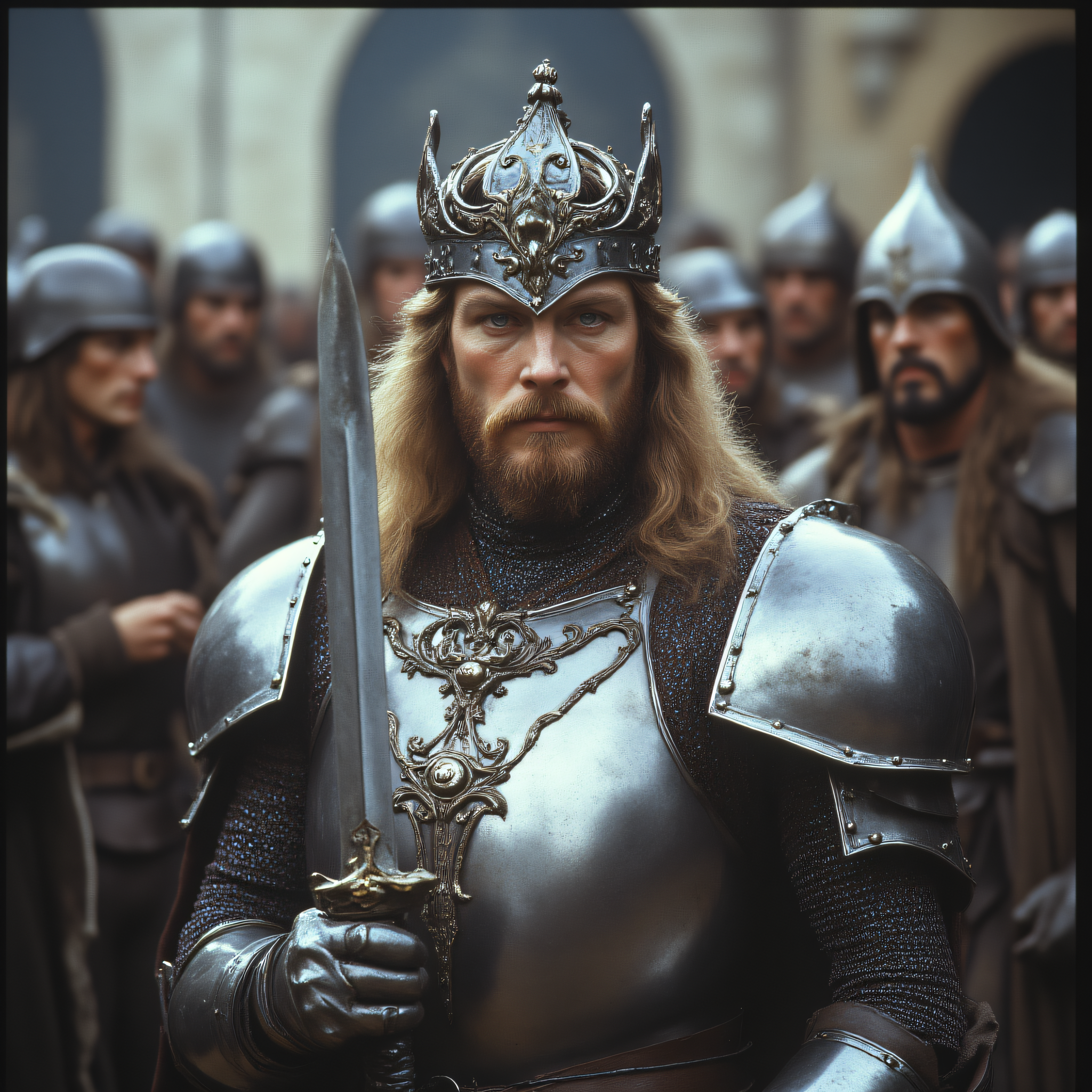 ArsMovieStill, 80s Fantasy Movie Still, The image shows a man in armor with a crown on his head holding a sword in his hand surrounded by a group of people in the background with a wall behind them., armor, facial hair, weapon, sword, crown, male focus, beard, solo focus, blurry background, blurry