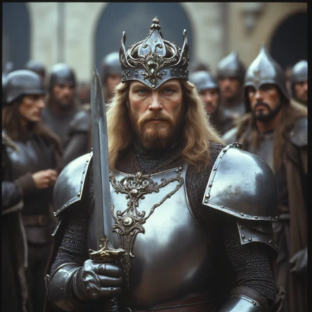 ArsMovieStill, 80s Fantasy Movie Still, The image shows a man in armor with a crown on his head holding a sword in his hand surrounded by a group of people in the background with a wall behind them., armor, facial hair, weapon, sword, crown, male focus, beard, solo focus, blurry background, blurry