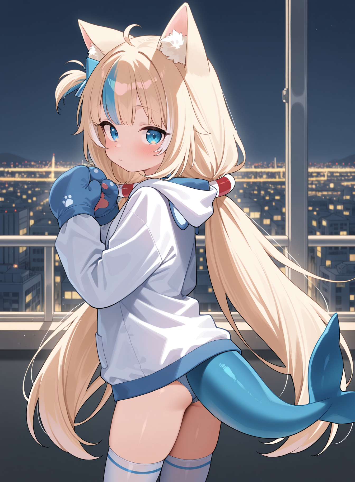 masterpiece, best quality, amazing quality, 1girl, solo, <lora:SamekoSaba_v13:0.9> sameko saba, blue streak, white streaks, animal ears, animal ear fluff, ahoge, hair ornament, one side up, very long hair, low twintails, fish tail, paper boat hair ornament, petite, 
animal costume pajamas, hooded bear outfit, thighhighs, mittens, paw pads, in a city at night,
