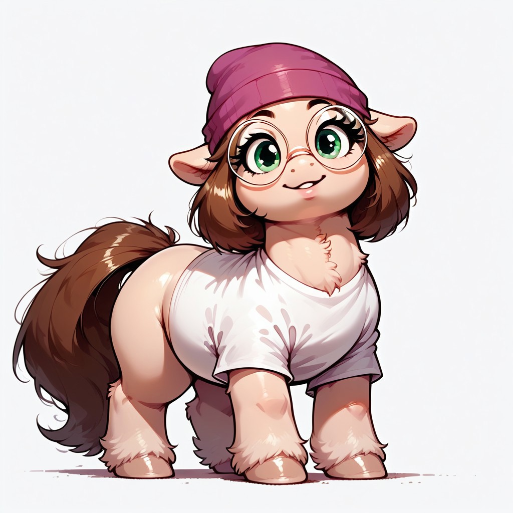 rating_questionable, score_9, score_8_up, score_7_up, ( pony:1.3), feral, Meg, looking at viewer, brown hair, round glasses, chubby, nerdy, clothed, cute pose, dynamic pose, full body, thighs, eyelashes, green eyes, tshirt,  beanie, detailed, realistic, BREAK, zPDXL3, MegaFluffyPony, fluffy, shiny