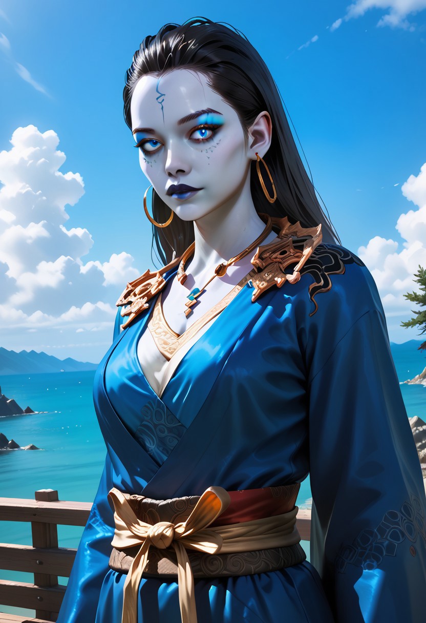 score_9,score_8_up,score_7_up,source_anime, Kang-Jin Star,1girl,solo,breasts,looking at viewer,jewelry,upper body,outdoors,earrings,sky,day,cloud,necklace,blue sky,sash,makeup,colored skin,ring,cloudy sky,black nails,pale skin,hoop earrings,blue skin,realistic,bench,grey skin,