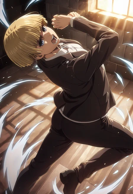masterpiece, best quality, 32k, high resolution, absurdres
1girl, solo, yelena, blonde hair, dark blue eyes, short hair, bowl cut, blunt bangs
formal, white shirt, black pants, black jacket, long sleeves, black footwear
dynamic pose, standing, looking at viewer, shouting, angry, upper body, dutch angle
indoors, Attack on Titan city, Marleyan headquarters, fantasy office
motion lines, from both sides, light particles, dynamic angle, cinematic angle, various angles, detailed background, beautiful background, (rays light:1.0),(grow:1.0) vivid colors, shiny and glossy, anime style, high-res, beautiful aesthetic, very intricate, high-quality details, vibrant,
<lora:add-detail-xl:1.10> <lora:spo_sdxl_10ep_4k-data_lora_webui:0.95> <lora:noobai_ep11_stabilizer_v0.138_fp16:0.6> <lora:StS-Illustrious-Detail-Slider-v1.0:1.10> <lora:cfg_scale_boost:0.95> <lora:nyalia:0.20> <lora:lora.TA_trained:1>