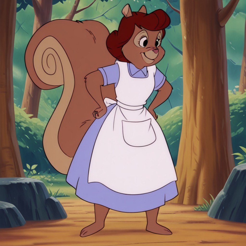 masterpiece, best quality, amazing quality, tammymomIL, semi-anthro, female, squirrel-girl, brown fur, dark red hair, short hair, black eyes, blue dress, white apron, standing, forest, hands on hips,  solo, 1girl, full body, smile, <lora:1fa3b7b7-bf6d-44c7-aa17-8361b2ac28ac:1.0>