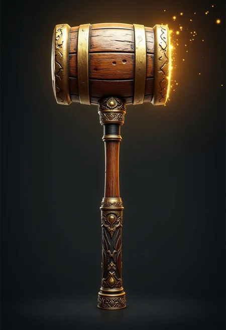 legendary sledge hammer with a head shaped like a beer keg, epic, masterpiece, fantasy weapon, shiny, magic, master crafted, long handle, two handed warhammer,