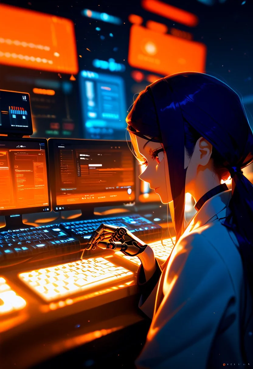 side view, jill stingray, face focus, close-up, dynamic pose, low ponytail, lab coat, typing on a keyboard, multiple strong light source in background, suit, pencil skirt, cybernetic enhancements, from above,
score_9, score_8_up, score_7_up, score_6_up, score_5_up, ultra detailed,excellent quality, dark shadows, black tone, high contrast between light and shadow, modern clean corporate building, high resolution, masterpiece, best quality, depth of field, sterile corporate architecture, laboratory, large lab screens, computer displays, research facility, multiple level structure interior, fisheye effect, spatial distortion, perspective, black theme, yellow theme, orange theme, blue theme,