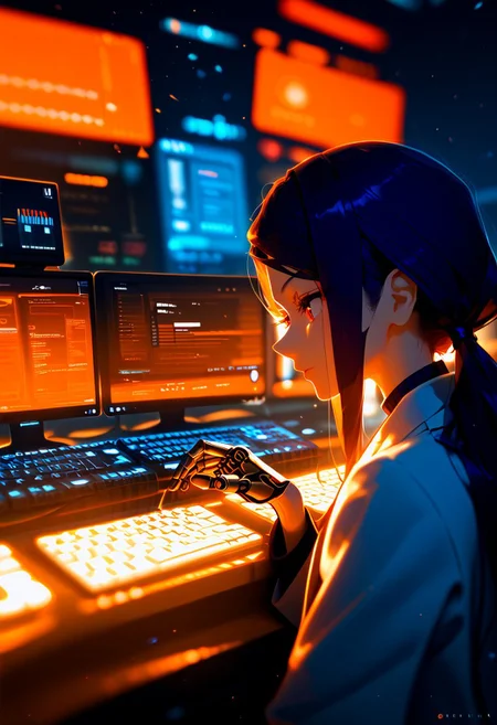side view, jill stingray, face focus, close-up, dynamic pose, low ponytail, lab coat, typing on a keyboard, multiple strong light source in background, suit, pencil skirt, cybernetic enhancements, from above,
score_9, score_8_up, score_7_up, score_6_up, score_5_up, ultra detailed,excellent quality, dark shadows, black tone, high contrast between light and shadow, modern clean corporate building, high resolution, masterpiece, best quality, depth of field, sterile corporate architecture, laboratory, large lab screens, computer displays, research facility, multiple level structure interior, fisheye effect, spatial distortion, perspective, black theme, yellow theme, orange theme, blue theme,