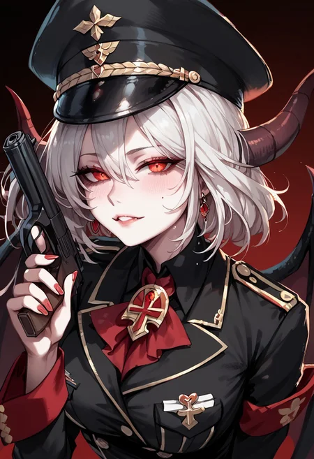 score_9, score_8_up, score_7_up, score_6_up, score_5_up,  <lora:frengXLP:1> freng, 1girl, 
(commissar female, black peaked cap, (German military black uniform),)
BREAK
(score_9, score_8_up, score_7_up), (Masterpiece), (expressive eyes), 1girl, 
Succubus, leathery wings, hip wings, prehenile tail, spade-tipped tail, segmented horns, ram horns, hand gun,
<lora:MGE_V5.1:0.5>