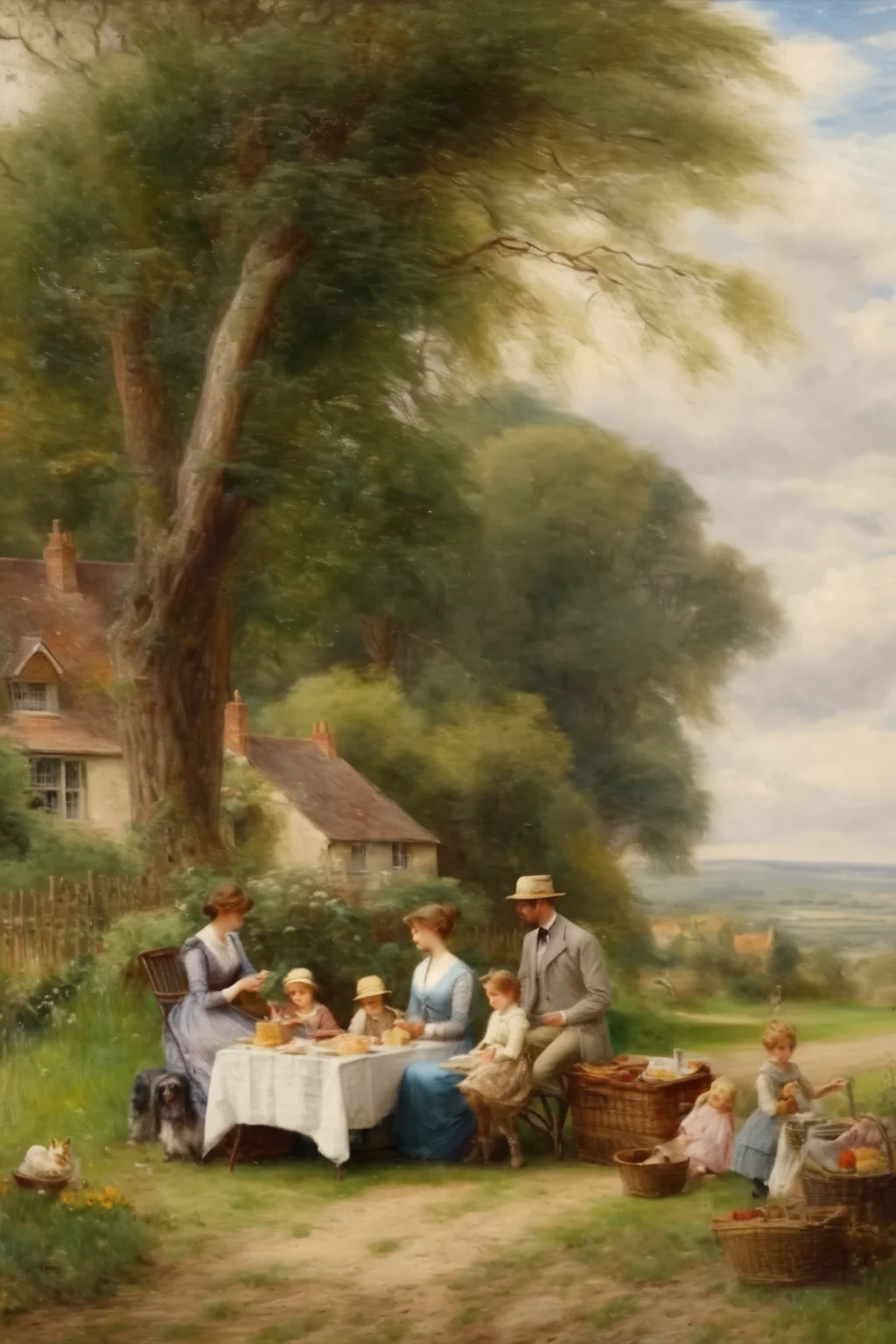 <lora:Alfred Augustus Glendening style:1>Alfred Augustus Glendening style - A family enjoying a leisurely picnic in a peaceful countryside setting.