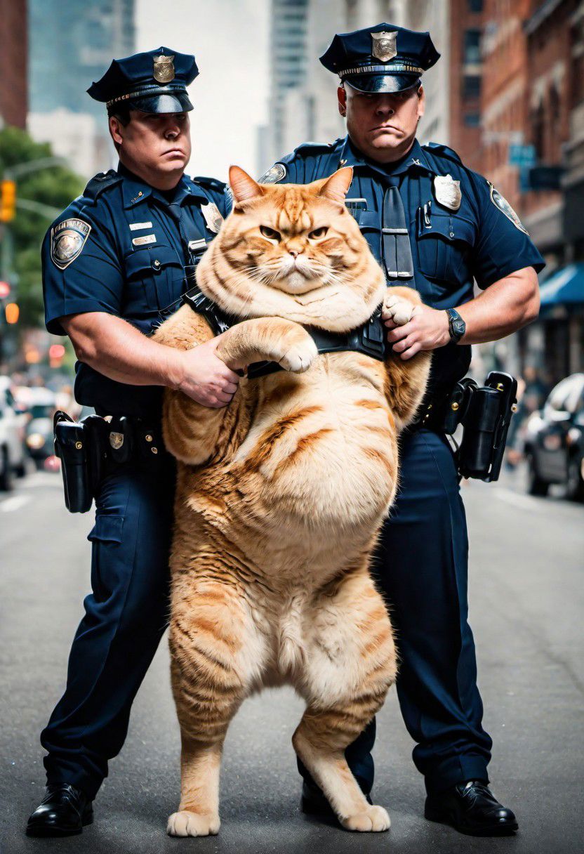 two laggard cops arresting ridiculously chubby enormous cat, 8k, RAW photo, best quality, ultrarealistic, ultra-detailed, vignette, highly detailed, high budget, moody, epic, gorgeous, film grain