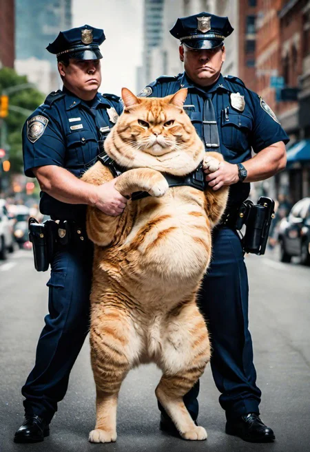 two laggard cops arresting ridiculously chubby enormous cat, 8k, RAW photo, best quality, ultrarealistic, ultra-detailed, vignette, highly detailed, high budget, moody, epic, gorgeous, film grain