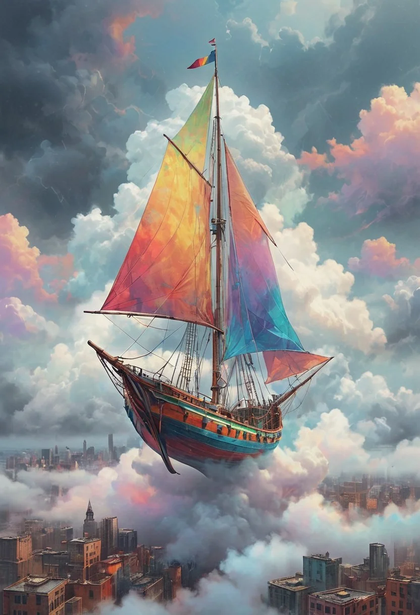 a colorful magic sail boat sailing on top of clouds above a bleak and dreary cityscape, a sense of calm and wonder about the boat.