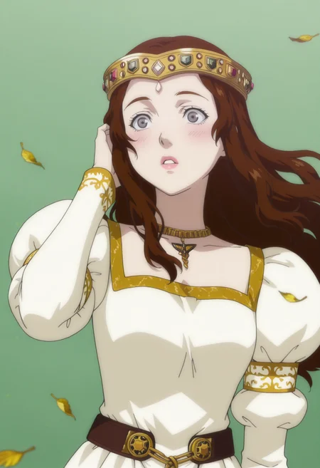 anime screencap, anime coloring, <lora:DX888Charlotte:1> charlotte, grey eyes, brown hair, lips,hair down, long hair, princess, crown, necklace, puffy sleeves, long dress, BREAK simple background, green background, BREAK 1girl, blush, falling leaves, hand in own hair, leaf, parted lips, solo, upper body, wide-eyed, wind, floating hair,