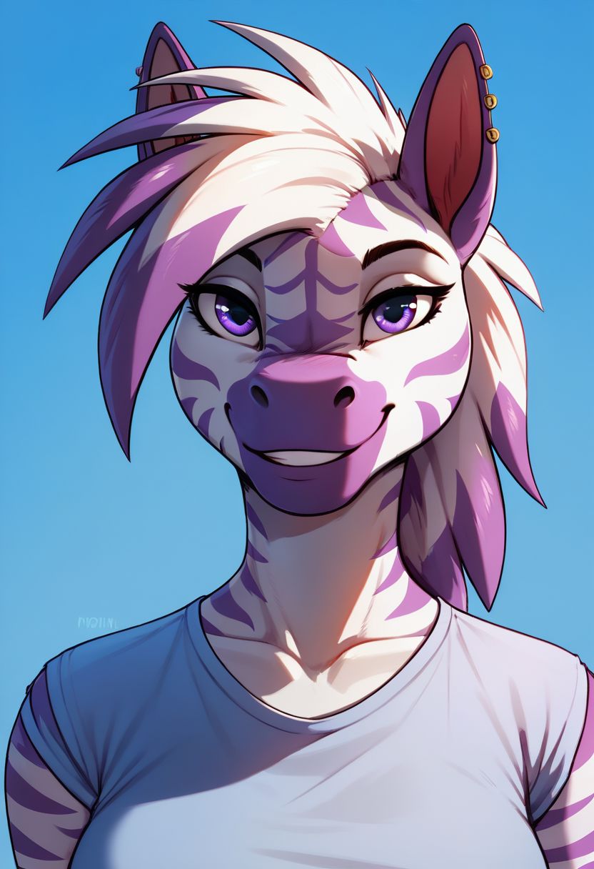 score_9, score_8_up, score_8, 1girl, smooth, anthro zebra, purple eyes, highly detailed, perfect, high quality, high definition, shirt, face, up close face, looking at viewer, smiling, close up, face focus