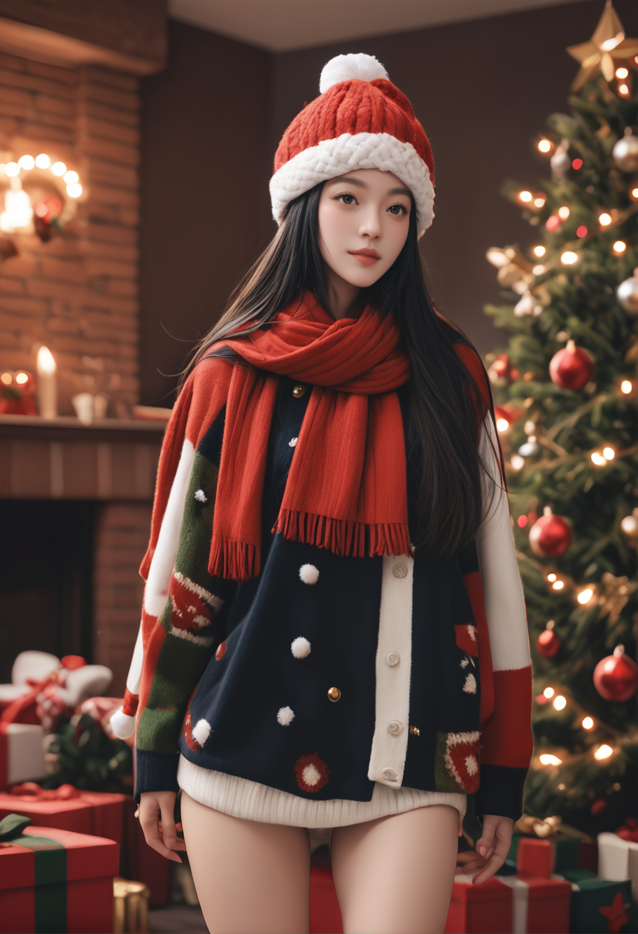 1girl,,ruanyi1386,beanie,multicolored clothes,red scarf,christmas,standing,thigh gap,christmas tree,blurry background,<lora:1386 christmas_v1_pony:1>, score_9,score_8_up,score_7_up,,8k,solo,,