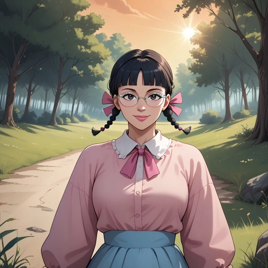 score_9, score_8, BREAK, MigiwaSan, 1girl, black hair, black eyes, blunt bangs, braided pigtails, pink ribbons, square crystal glasses, pink lipstick, white-collared pink long-sleeved shirt, light blue skirt, white socks, pink mary-jane shoes, adult female, mature female, breasts, sexy pose, self portrait, smile, outdoors, sunlight, shadows, evening lighting, natural lighting, forest, trees, grass, orange sky, sunset