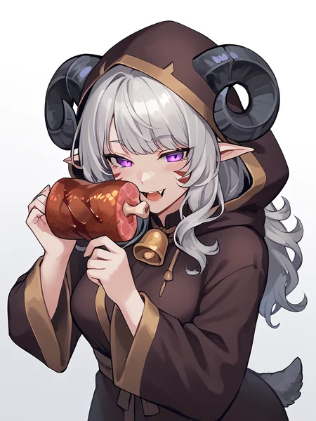 <lora:boned_meat_manga_meat:1> boned_meat, holding_food, fangs, holding meat,
source_furry, score_7_up, rating_safe, cowboy shot, gold necklace, tiefing, short pointed ears, horns, (a pair of brown sheep Horns that begin at her temples and curve back: 1.5), bangs,long silver hair long wavy hair, pale skin,<lora:whisker_markings:0.8> whisker_markings:1.4 , pointy ears, purple eyes:1.2, <lora:age_slider_v4:0.6> medium breasts, skinny female, close up, silver hair, <lora:Tieflingnew weird fantasyDND:0.3> Tiefling, pointed ears, horns, from above, half-closed eyes:1.5,<lora:Smooth Style 2 SDXL_LoRA_Pony Diffusion V6 XL:0.5> shepherd's crook, bell, robe, hood off, <lora:Nanoless_Artist_Style_PonyXL:0.3>