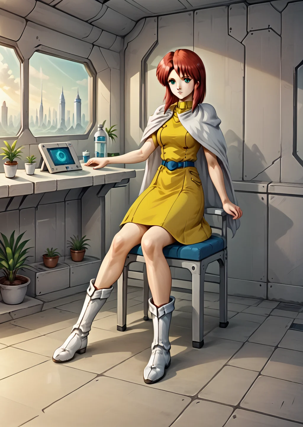 amy sage, solo, indoors, full body, white boots, yellow dress, white cape, fantasy art, sitting, chair, laboratory, plants, science fiction, sci-fi, <lora:Amy_Sage-000002:1>