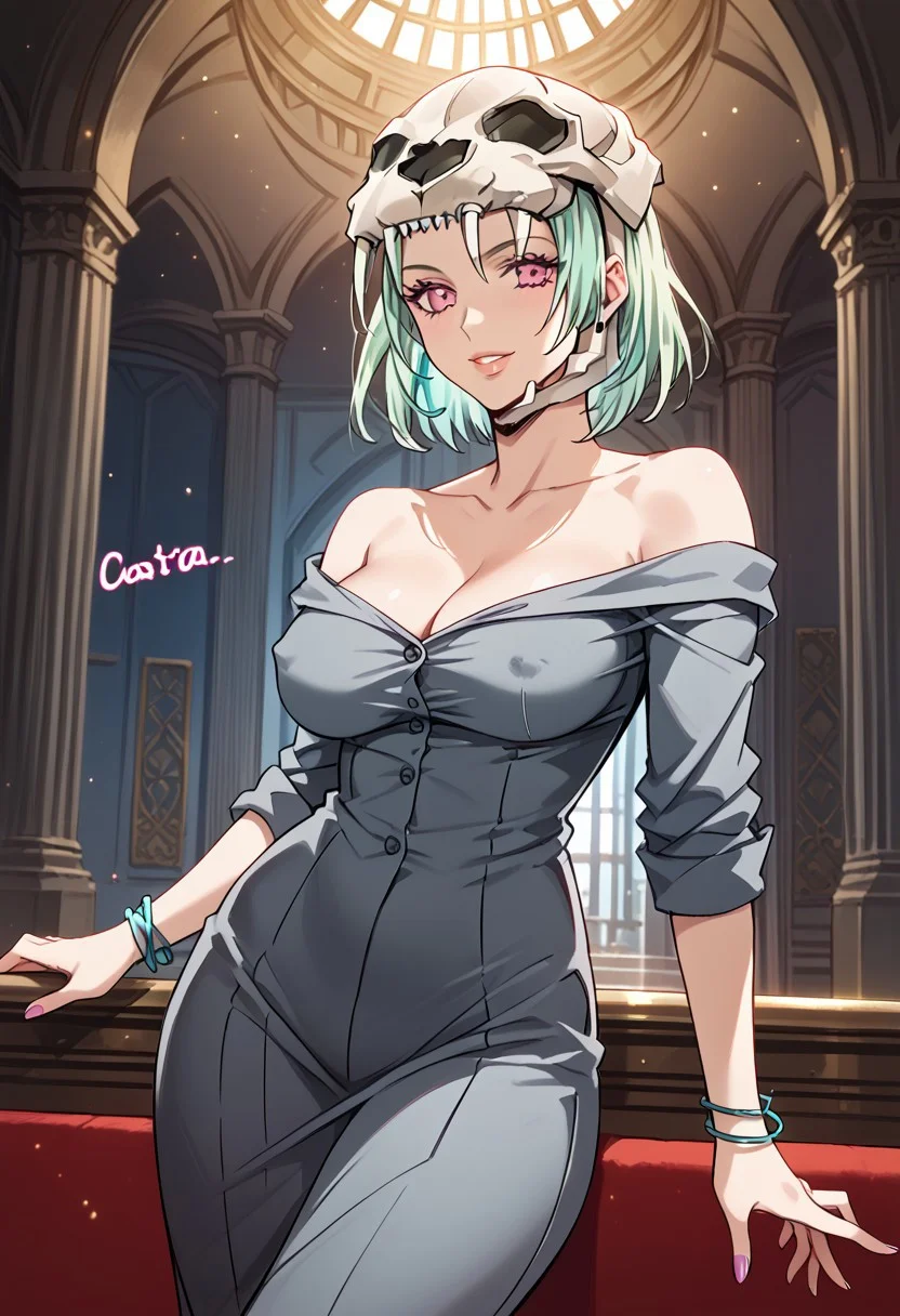 CastraDP, 1girl, solo, dark skinned female, mint green hair, light green hair, bob cut, pink eyes, pink irises the shape of an X, lips, animal skull on her head, large grey dress shirt, large breast, blue bracelets, pink shoes, jewelry, bare shoulders, lollipop, cleavage, wide hips, tattoo on collarbone,
seductive pose, sexy pose, tease, in the spotlight,,
smile, jojo reference, indoors,
score_9, score_8_up, score_7_up, beautiful aesthetic, very intricate, high quality details,vibrant, highly detailed, award-winning, professional,anime artwork, anime style, studio anime, athletic, curvy body, athletic girl, perky tits,large breast,perfect tits, round breasts, nipple outline,looking at viewer, pinup pose,teasing, dynamic lighting, cinematic, smug, better than you, aura of temptation, highly detailed, high resolution, masterpiece, detailed clothes, detailed background, highly detailed, ((sound effects)) comic layout,