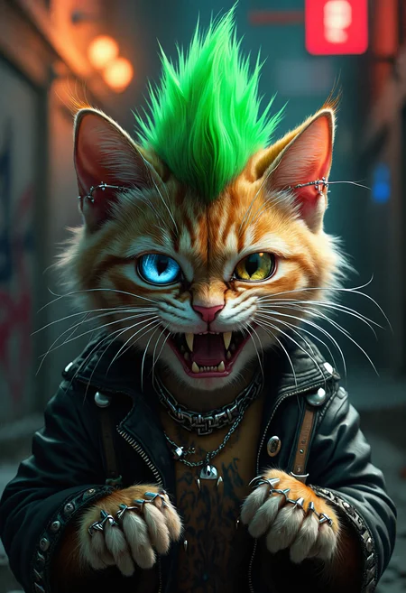 Extreme close-up of a rebellious punk rock cat, snarling with attitude. Shaggy paws. Vibrant green mohawk standing tall, each spike meticulously detailed. Pierced ears adorned with multiple silver rings. Intense, mismatched eyes - one electric blue, one fiery amber. Whiskers adorned with tiny safety pins. Furry paws, furry toes. Worn leather collar studded with chrome spikes. Background hints at a graffiti-covered alley. Hyper-realistic fur texture, capturing individual strands and subtle color variations. Dramatic side lighting accentuates the mohawk and facial features.