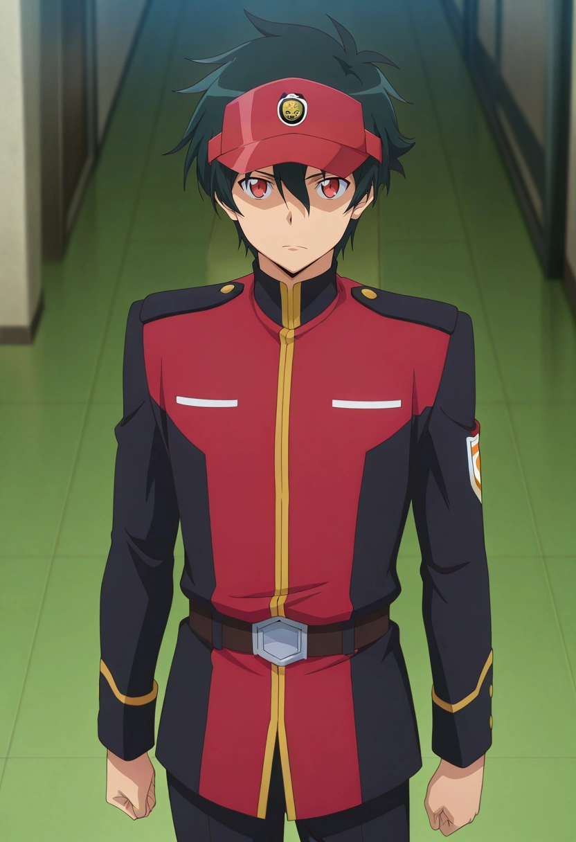 masterpiece, best quality, anime screencap, official style, anime coloring, 1boy, solo, male focus, <lora:sadao_maou_ilxl:1>, sadao_maou, black hair, red eyes, short hair, hair between eyes, uniform, visor cap, cowboy shot, looking at viewer