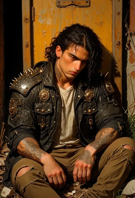 score_9, score_8_up, score_7_up, best quality, fine detail, digital painting, 1boy, solo, long curly wet black hair, muscular, black leather jacket with spikes, shoulder pad, handsome, sitting on the ground, wearing ripped jeans, wrinkled clothing, worn out tattered clothing, relaxing, carefree, melancholy, very detailed background, gritty, amber lighting, deep shadows, vivid detail, interesting composition, 8K, UHD, goonguy