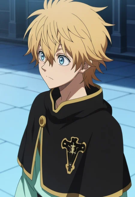 masterpiece, best quality, intricate details, anime screencap, anime coloring, official style, , 1boy, solo, male focus, <lora:luck_voltia_ilxl:0.98>, luck_voltia, blonde hair, blue eyes, short hair, hair between eyes, , capelet, ,