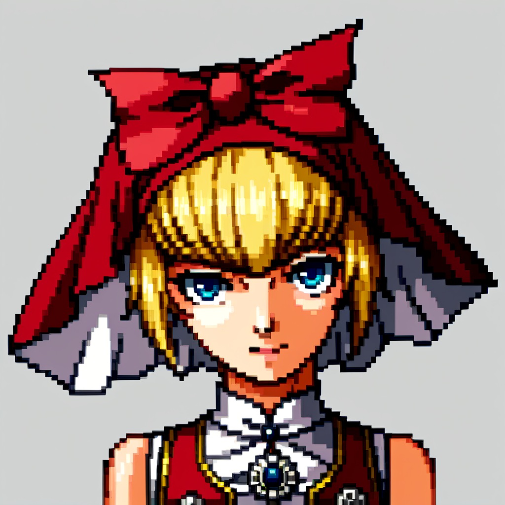 score_9, score_8_up, score_7_up, source_anime, BREAK, solo, 1girl, looking at viewer, <lora:P1-Portraits-pdxl_Fp:1>, portrait, simple background, pixel art,  <lora:Idun-pdxl-DoRA_Fp:1>, idunnsmt, short hair, blonde hair, blue eyes, veil, red bow, red dress, vest, brooch,