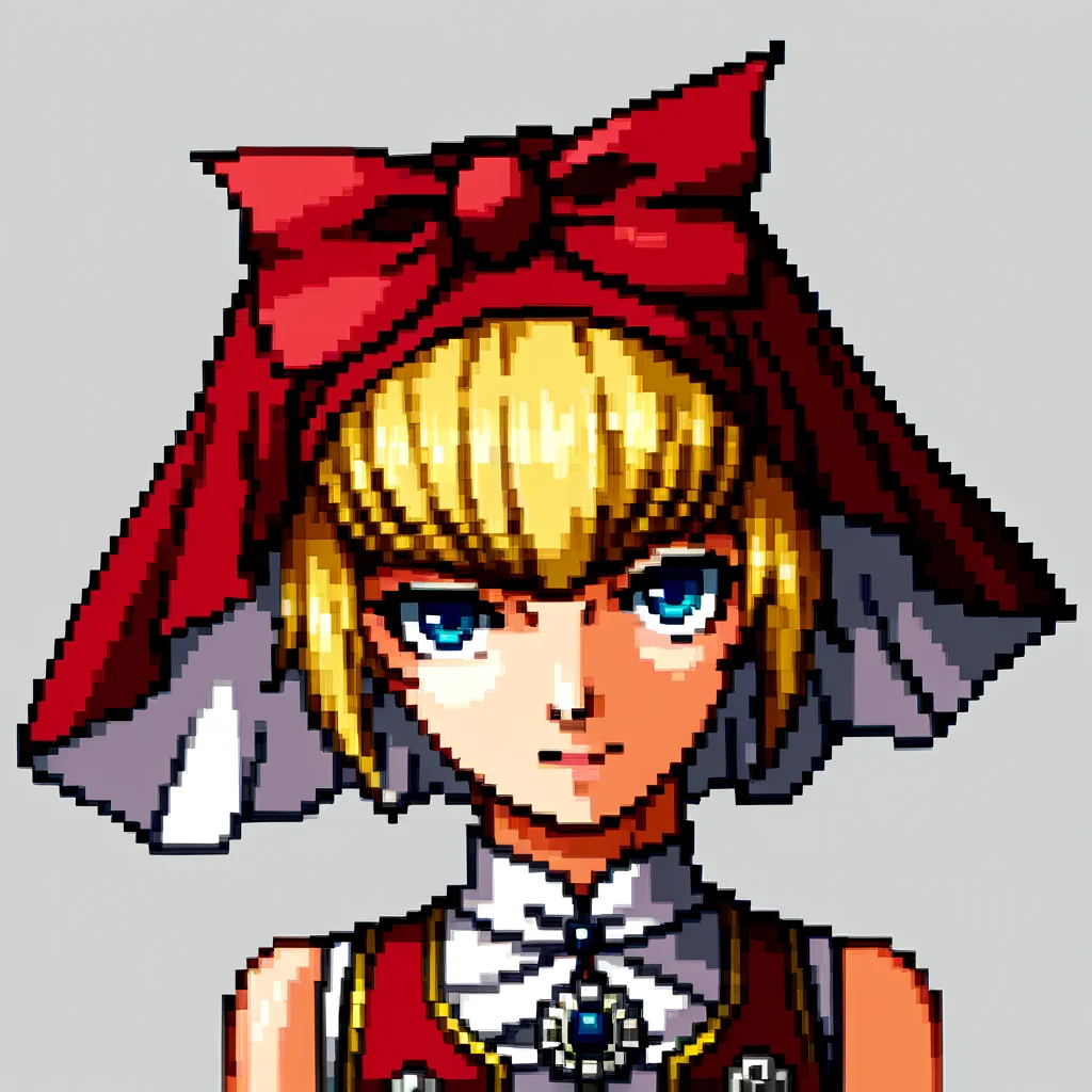 score_9, score_8_up, score_7_up, source_anime, BREAK, solo, 1girl, looking at viewer, <lora:P1-Portraits-pdxl_Fp:1>, portrait, simple background, pixel art, <lora:Idun-pdxl-DoRA_Fp:1>, idunnsmt, short hair, blonde hair, blue eyes, veil, red bow, red dress, vest, brooch,