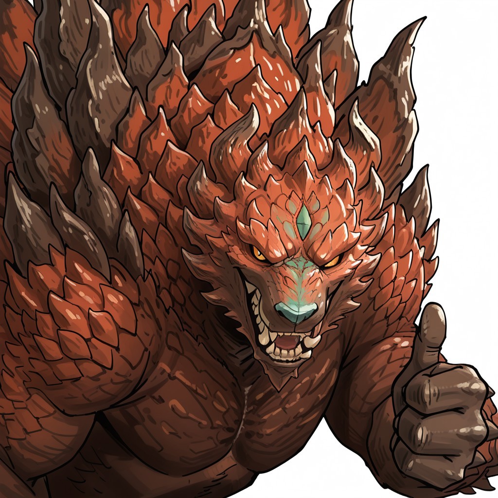 masterpiece, absurd res, best quality, newest, 2024, 8k, 4k, cartoon, anime, detailed, solo, Ajarakan, close-up, monster, fangs,  thumbs up, upper body, white background,