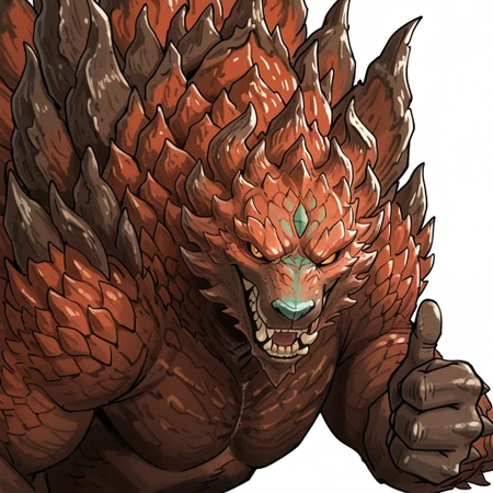 masterpiece, absurd res, best quality, newest, 2024, 8k, 4k, cartoon, anime, detailed, solo, Ajarakan, close-up, monster, fangs,  thumbs up, upper body, white background,