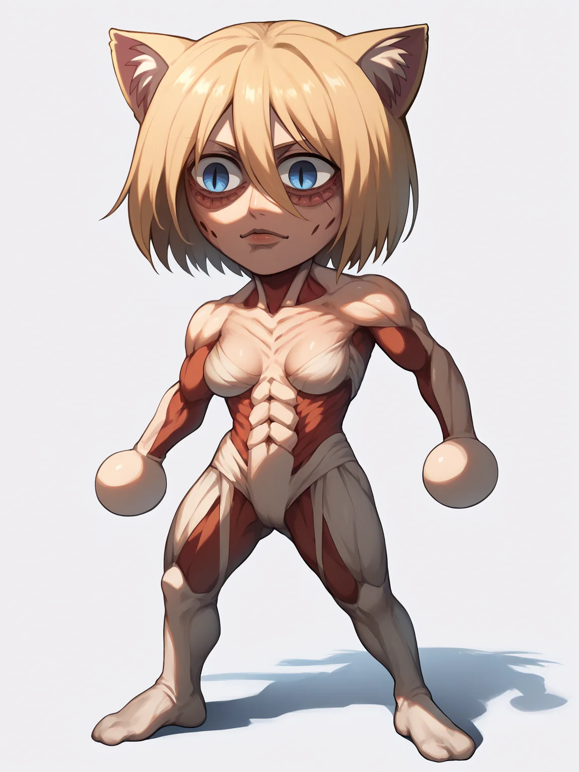 score_9, score_8_up, score_7_up, BREAK, 1girl, necoarc, cat ears,
1girl, female titan, blonde hair, short hair, blue eyes, giantess, muscular, scar, breasts,
standing, chibi, slit pupils, solo, full body, (simple background, white background:1.3) <lora:necoarc-guy-PONY-v1:1.2> <lora:FemaleTitanXL:0.8>