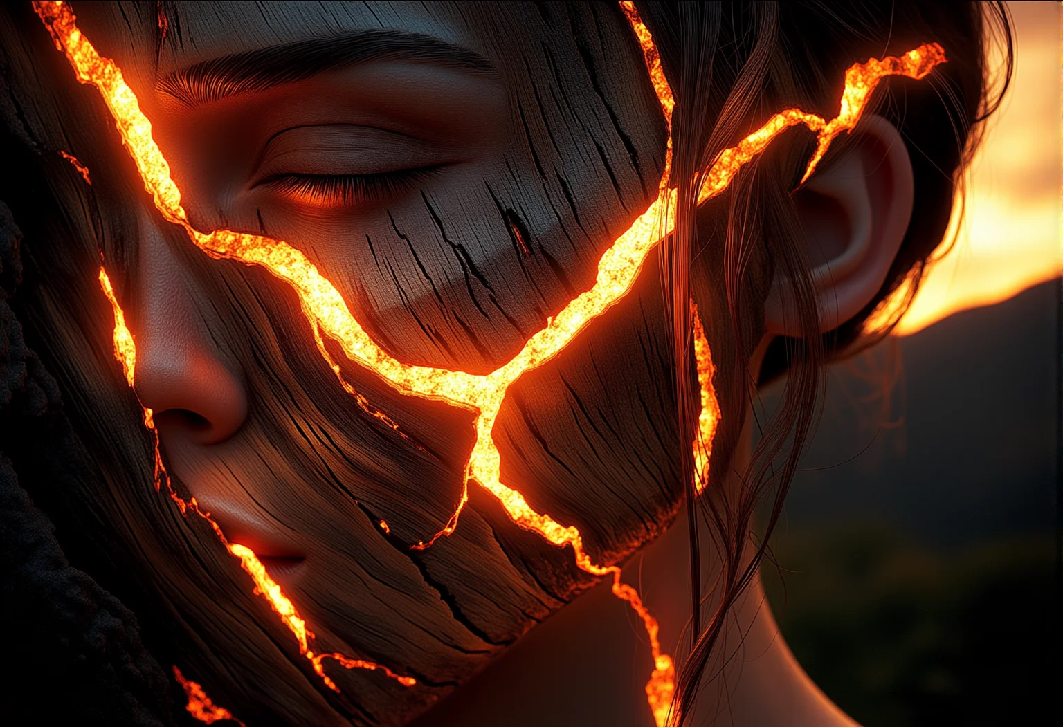 A close-up of a beautiful woman whose skin is gently intertwined with glowing wooden textures that cast a soft, delicate glow, her eyes open and piercing, her hair gently wind-swept|A close-up of a tree with ember-like veins glowing faintly against a fiery twilight sky, with wooden veins flickering softly, glowing subtly in a few sections}|A wide-angle shot of a majestic deer standing in a glowing forest, its fur merging with wooden patterns that glow faintly in the soft light}|A panoramic view of a glowing wooden temple at dusk, flickering embers within the wooden veins of the structure, glowing faintly as the light fades}|A massive dragon flying over a mountain range at twilight, its scales partially transformed into glowing wooden textures, veins of soft embers flickering across its body|A mythical phoenix rising from glowing wooden ashes, its feathers lightly adorned with glowing wooden patterns, flickering like embers}} Epic cinematic lighting, soft glowing wood textures, subtle embers, dramatic shadows, backlit glow, high contrast, lens flare, deep focus, ultra-realistic details, vivid colors, high dynamic range, volumetric lighting, breathtaking scale, photorealism, hyper-sharp focus, intricate details, stunning cinematic atmosphere. , <lora:bv-glowing-wood-v1.safetensors:1.0:1.0>