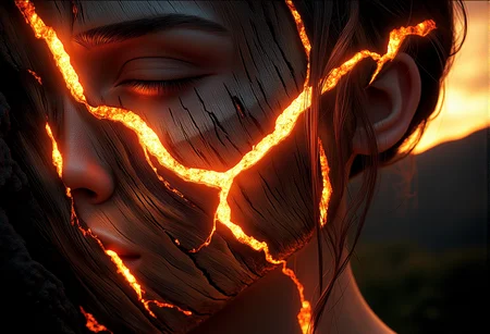 A close-up of a beautiful woman whose skin is gently intertwined with glowing wooden textures that cast a soft, delicate glow, her eyes open and piercing, her hair gently wind-swept|A close-up of a tree with ember-like veins glowing faintly against a fiery twilight sky, with wooden veins flickering softly, glowing subtly in a few sections}|A wide-angle shot of a majestic deer standing in a glowing forest, its fur merging with wooden patterns that glow faintly in the soft light}|A panoramic view of a glowing wooden temple at dusk, flickering embers within the wooden veins of the structure, glowing faintly as the light fades}|A massive dragon flying over a mountain range at twilight, its scales partially transformed into glowing wooden textures, veins of soft embers flickering across its body|A mythical phoenix rising from glowing wooden ashes, its feathers lightly adorned with glowing wooden patterns, flickering like embers}} Epic cinematic lighting, soft glowing wood textures, subtle embers, dramatic shadows, backlit glow, high contrast, lens flare, deep focus, ultra-realistic details, vivid colors, high dynamic range, volumetric lighting, breathtaking scale, photorealism, hyper-sharp focus, intricate details, stunning cinematic atmosphere. , <lora:bv-glowing-wood-v1.safetensors:1.0:1.0>