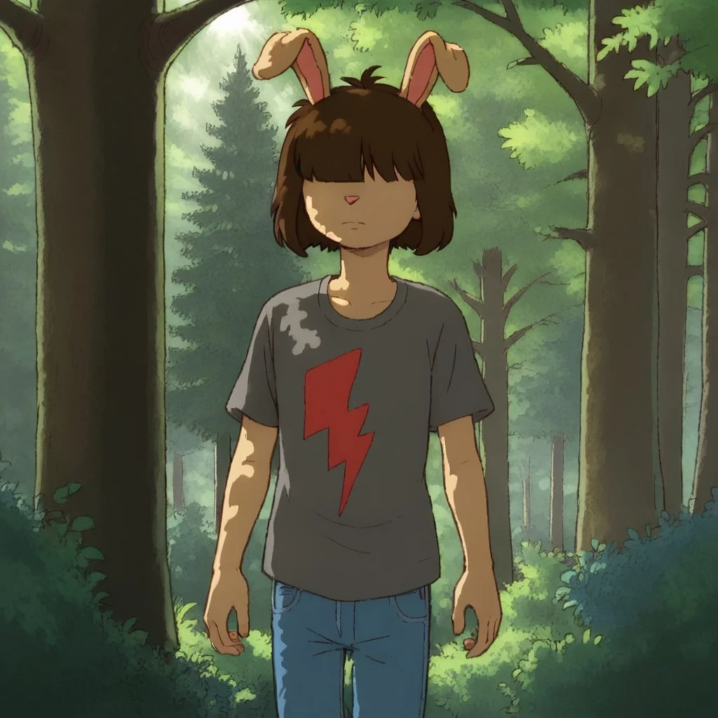 score_9, score_8, score_7, break, solo, slink_a, 1boy, rabbit ears, brown hair, short hair, hair over eyes, t-shirt. jeans, forest, sunlight, shadow, natural lighting