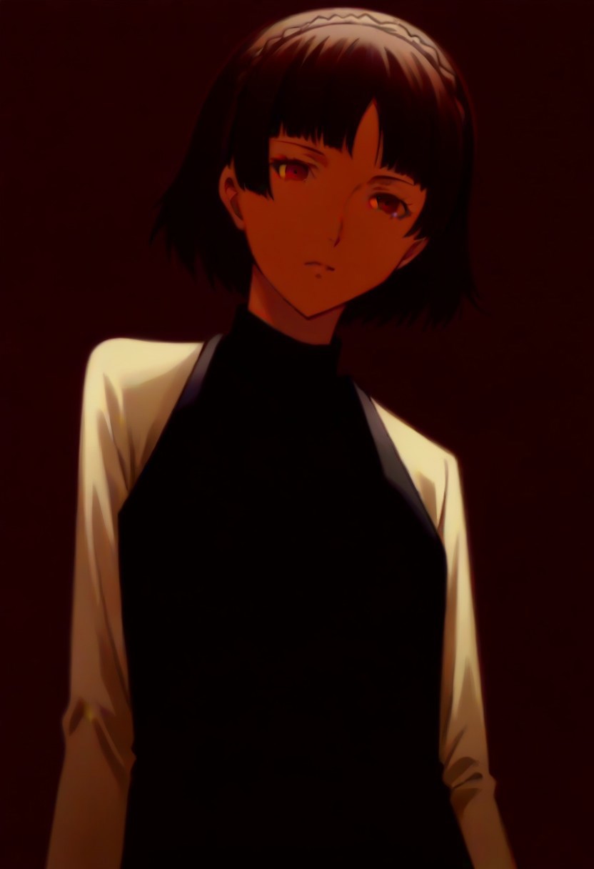 (source_anime), 1 girl, solo, nsfw, aged up, defMako, p5makoto, niijima makoto, short hair, bangs, brown hair, long sleeves, uniform, pantyhose, pleated skirt, turtleneck, plaid skirt,crown braid,uniform, black vest,