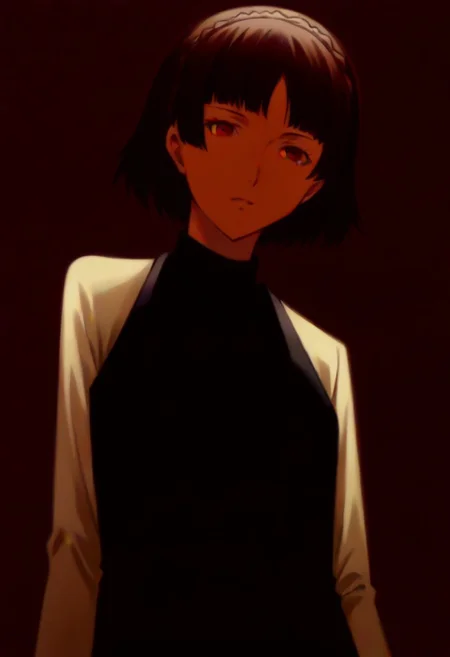 (source_anime), 1 girl, solo, nsfw, aged up, defMako, p5makoto, niijima makoto, short hair, bangs, brown hair, long sleeves, uniform, pantyhose, pleated skirt, turtleneck, plaid skirt,crown braid,uniform, black vest,