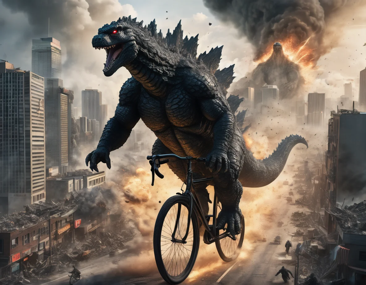 Godzilla riding bicycle ontop of busy city, detailed digital illustration, cinematic lighting, subject focus, dust and debris flying, cinematic lighting,
