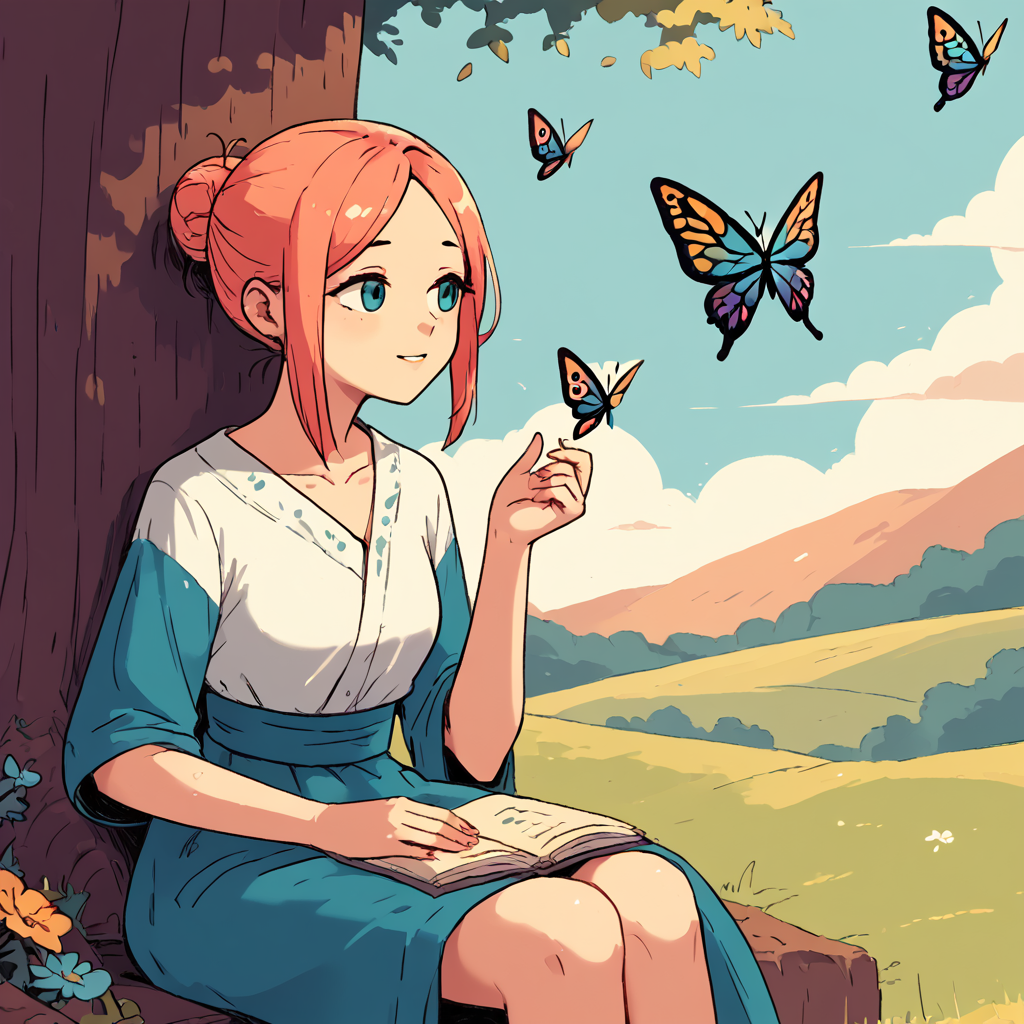 TarotArtStyleCats, outdoors, butterfly, 1girl, simple art style <lora:ArtStyleCats:1>